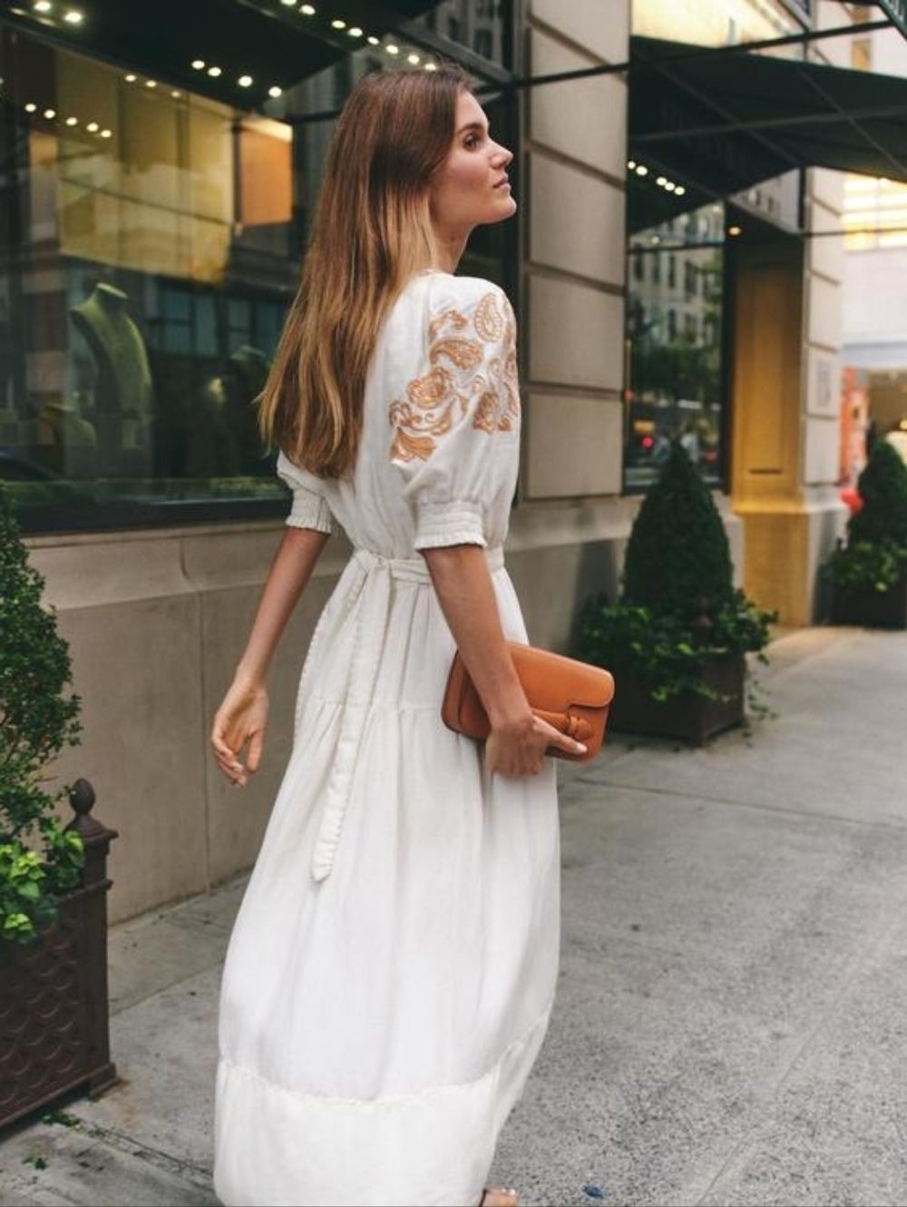 Cartolina Lizette Linen Blend Embroidered Belted Puff Sleeve Ivory Midi Dress M - Picture 3 of 16